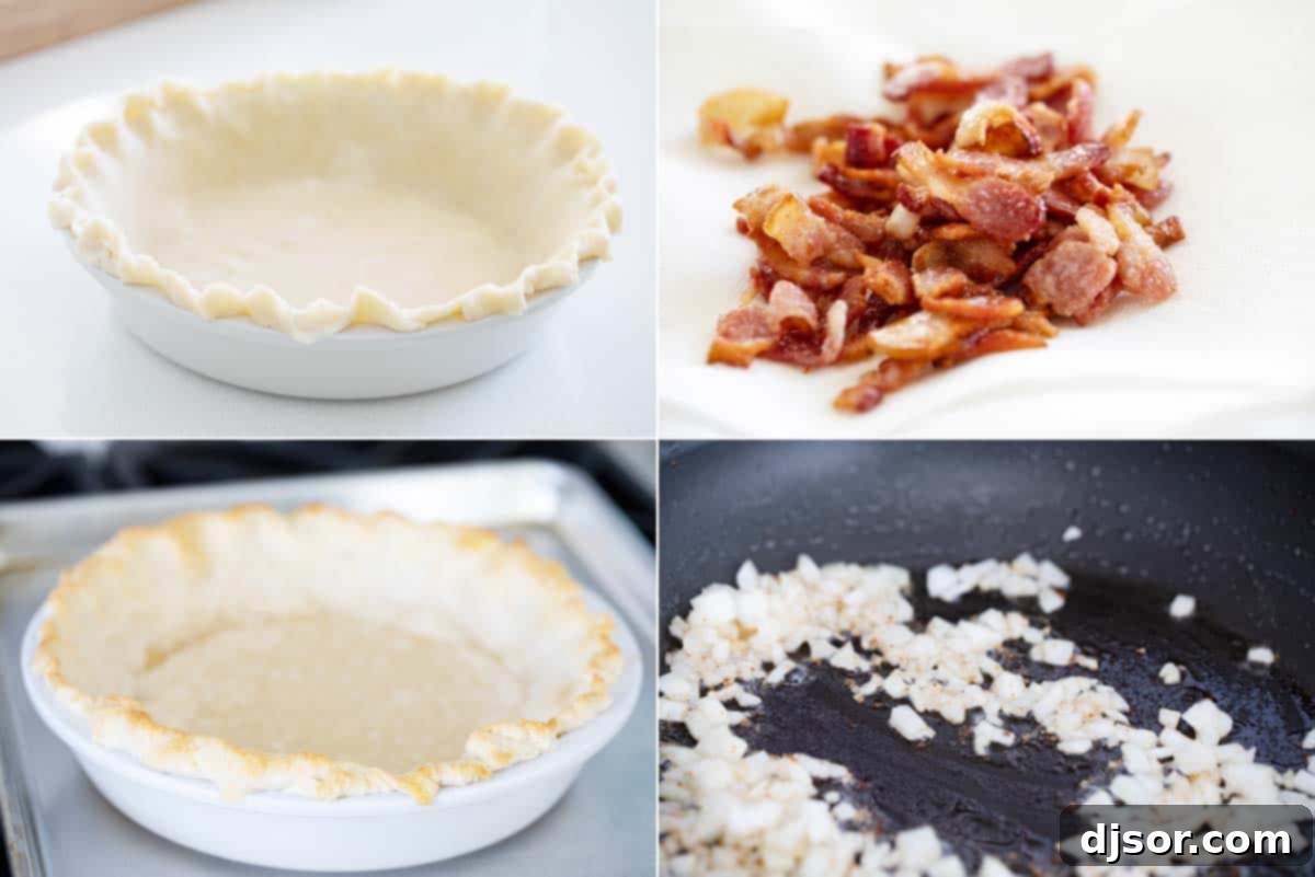 Visual Guide: Making Quiche Lorraine from Scratch A step-by-step visual guide showing the preparation stages of Quiche Lorraine, from blind-baking the crust to mixing the filling ingredients.