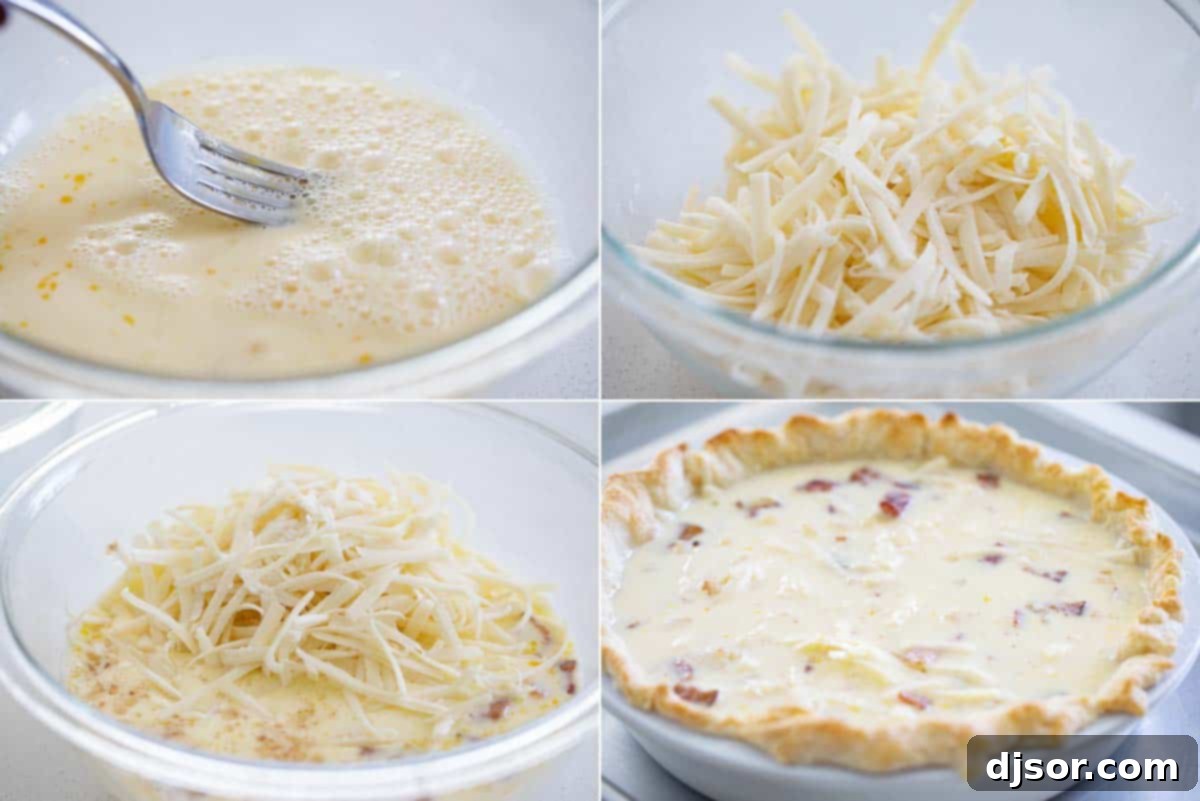 Mixing the Perfect Quiche Lorraine Filling Continuation of Quiche Lorraine preparation: whisked eggs and milk in a bowl, cheese tossed with flour, and the final mixture being folded.