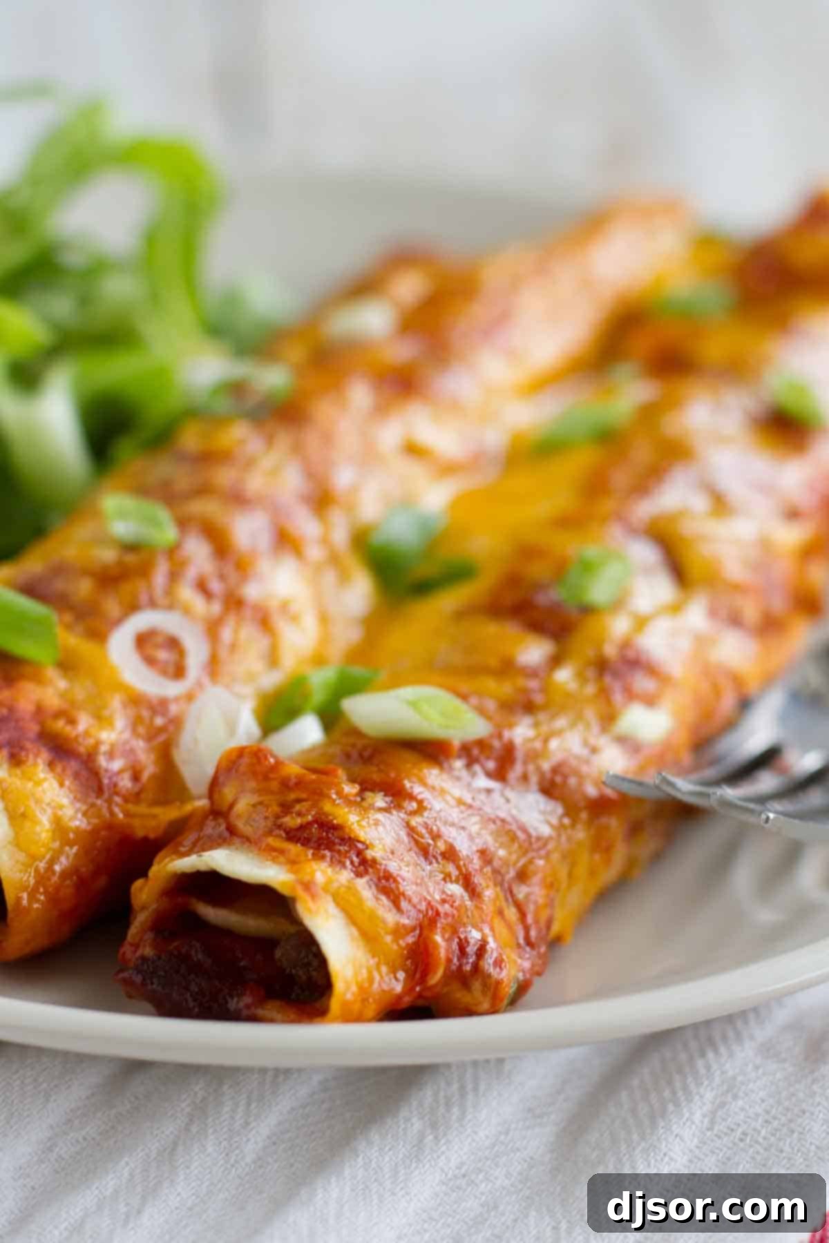 Cheesy Beef and Bean Enchiladas 3 Close-up of freshly baked Beef and Bean Enchiladas, smothered in vibrant red homemade sauce and topped with golden melted cheese.