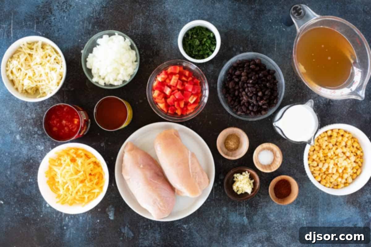 Cheesy Slow Cooker Chicken Enchilada Soup 3 Ingredients for Slow Cooker Chicken Enchilada Soup.