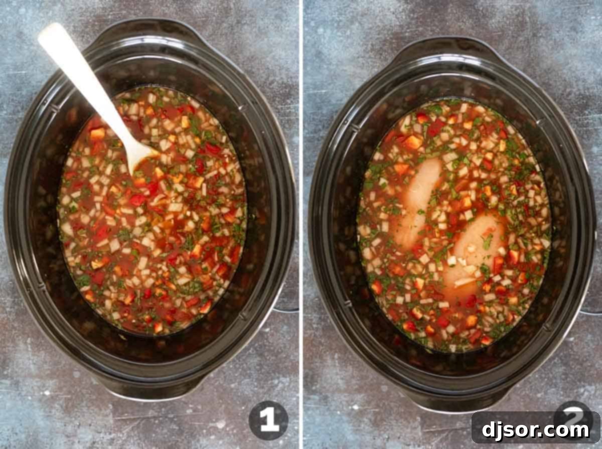 Cheesy Slow Cooker Chicken Enchilada Soup 4 Adding ingredients to slow cooker for slow cooker chicken enchilada soup.