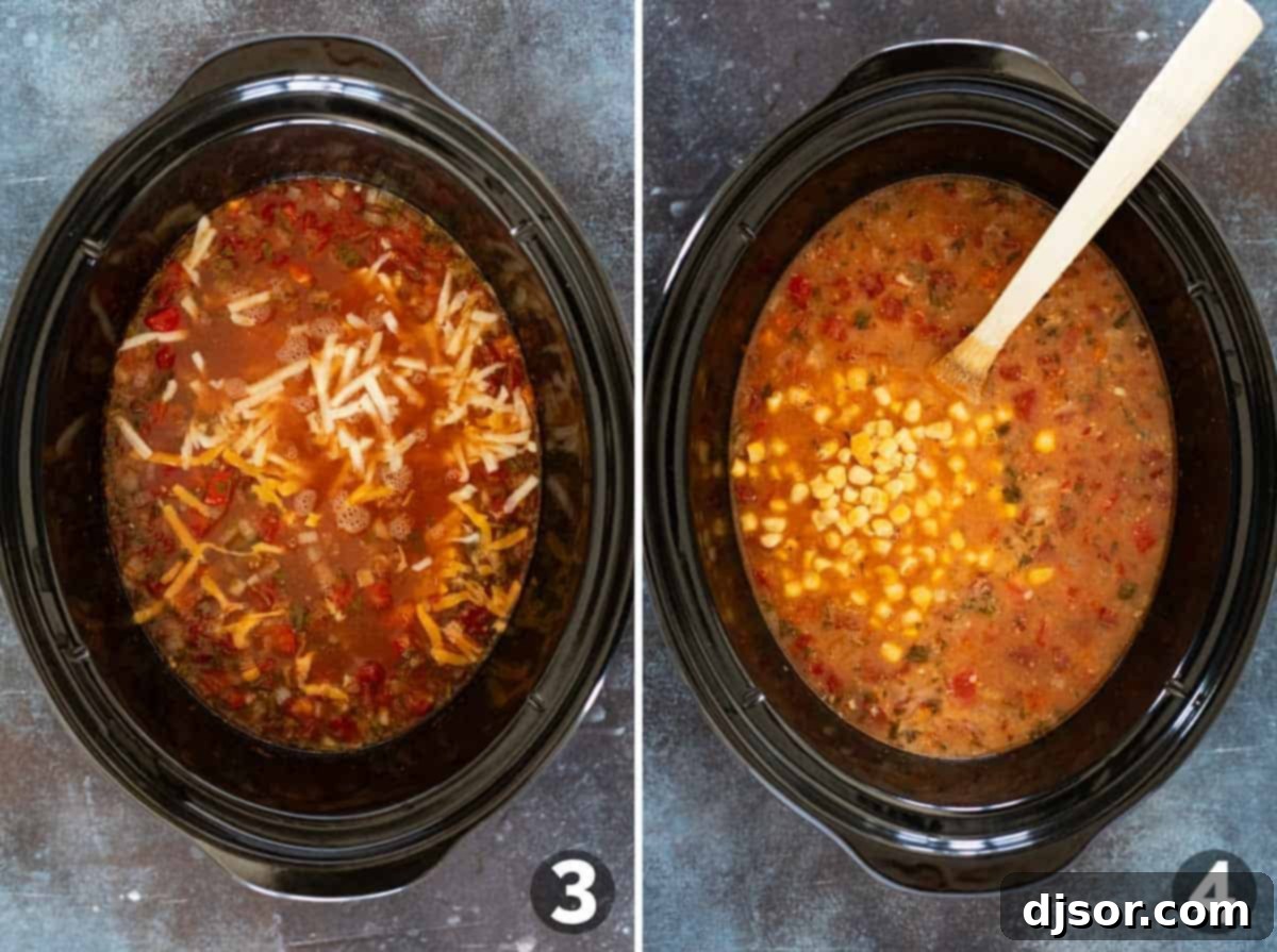 Cheesy Slow Cooker Chicken Enchilada Soup 5 Adding cheese and corn to a slow cooker.