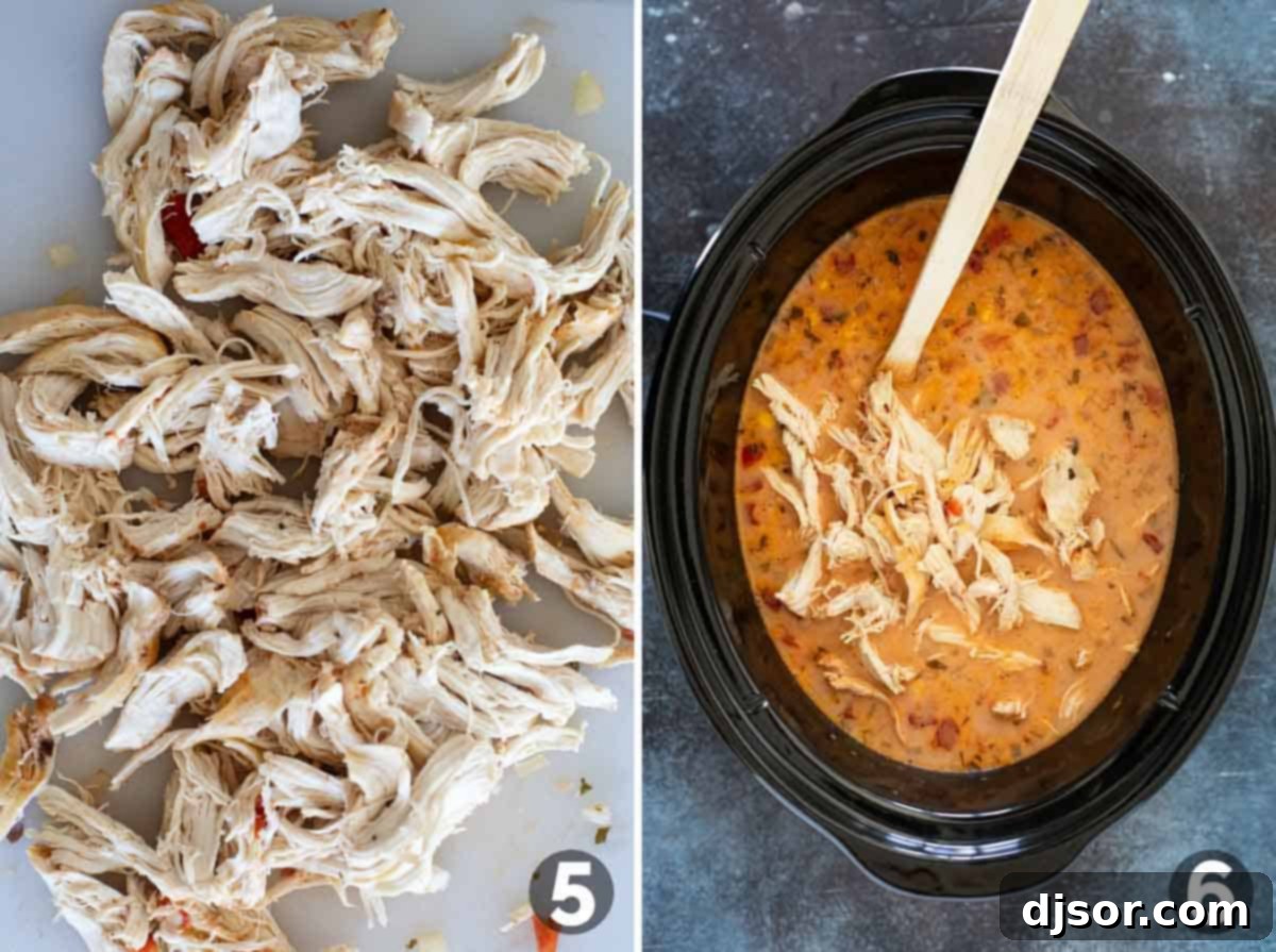 Cheesy Slow Cooker Chicken Enchilada Soup 6 Shredded chicken, and added chicken to slow cooker chicken enchilada soup.