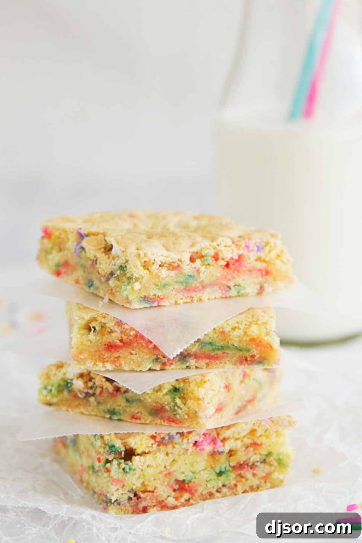 Four golden Cake Batter Blondies, generously adorned with colorful sprinkles and white chocolate chips, stacked neatly on a plate, promising a festive and easy-to-make dessert.