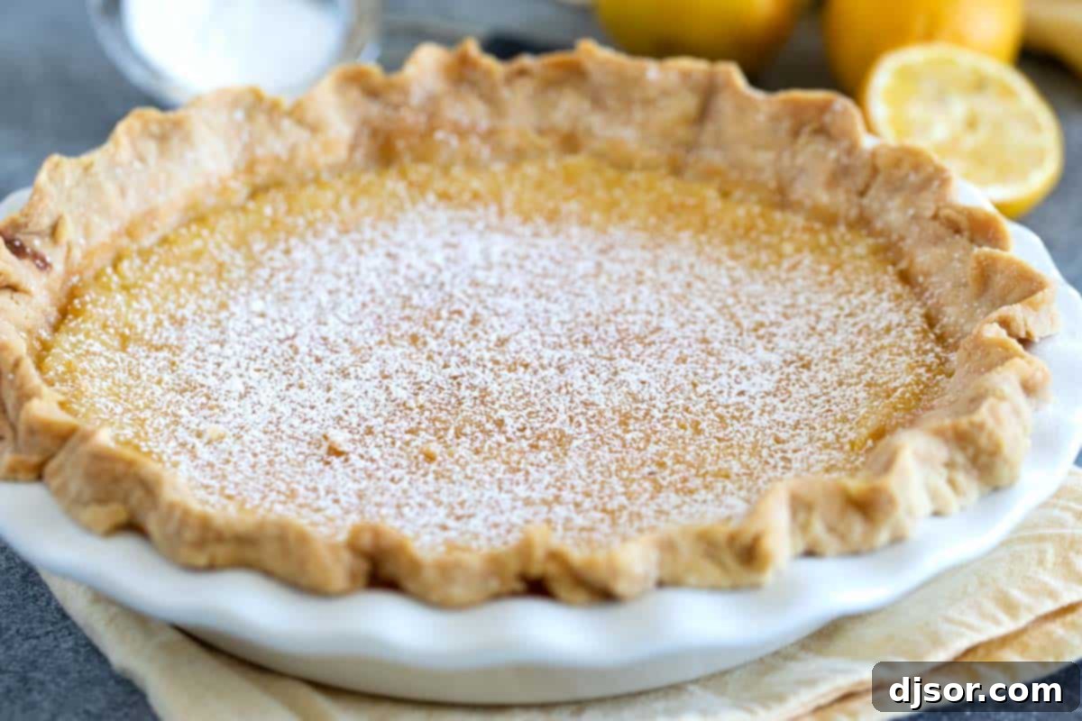 A perfectly baked Lemon Chess Pie, lightly dusted with powdered sugar, sits ready to be served on a rustic wooden table.