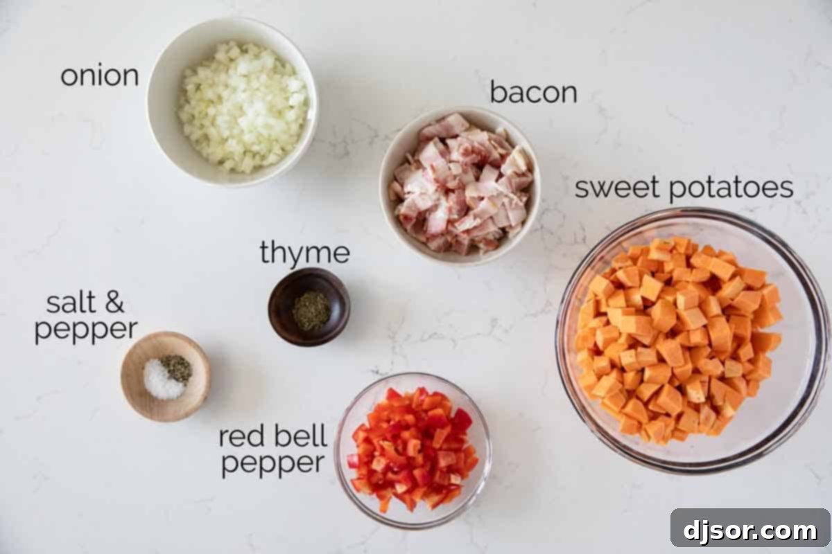 The perfect Sweet Potato Hash – sweet potatoes are combined with bacon, onions and sweet red peppers in this easy stovetop dish. Serve it as a side dish or add an egg on top and turn it into breakfast. A selection of fresh ingredients laid out on a wooden board, including diced bacon, chopped onions, a red bell pepper, sweet potatoes, and dried thyme, ready for making Sweet Potato Hash.