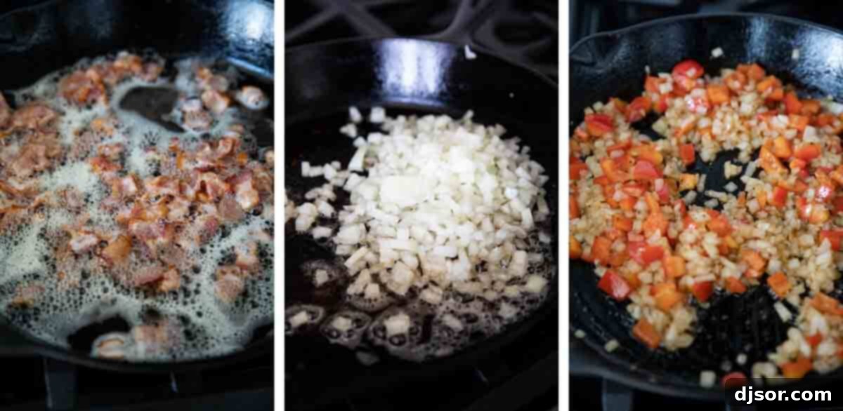 The perfect Sweet Potato Hash – sweet potatoes are combined with bacon, onions and sweet red peppers in this easy stovetop dish. Serve it as a side dish or add an egg on top and turn it into breakfast. Bacon, diced onions, and red bell peppers sautéing together in a hot cast iron skillet, releasing fragrant aromas.