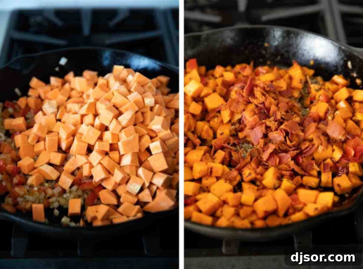 The perfect Sweet Potato Hash – sweet potatoes are combined with bacon, onions and sweet red peppers in this easy stovetop dish. Serve it as a side dish or add an egg on top and turn it into breakfast. Sweet potato hash cooking in a cast iron skillet, with potatoes beginning to brown and soften, mixed with onions and red bell peppers.