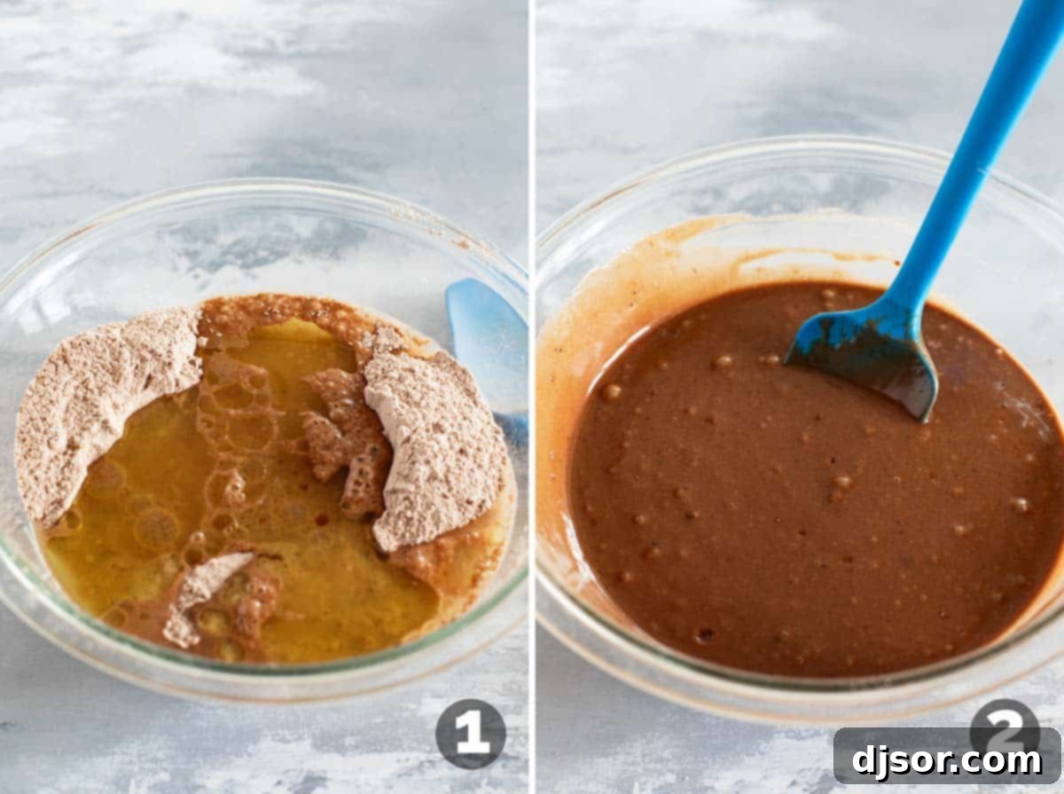 Mixing the batter for eggless chocolate cupcakes in a single bowl.
