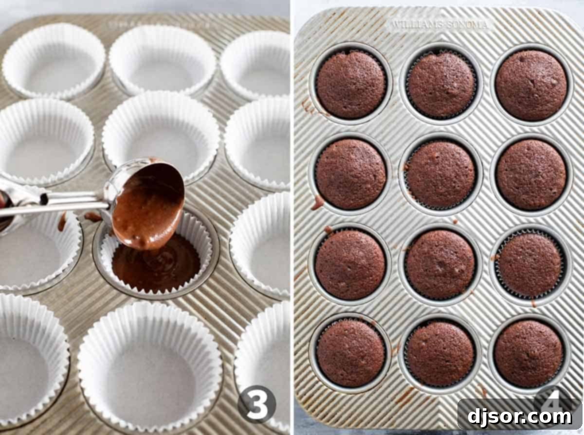 Adding chocolate cupcake batter to cupcake liners and a tray of baked eggless cupcakes.
