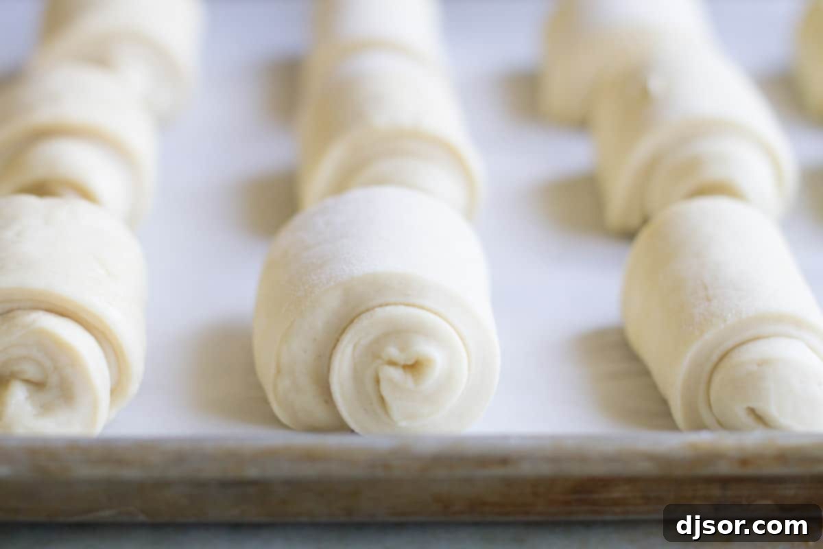 Individual dough rectangles rolled and placed on a baking sheet, with the tail ends visible.