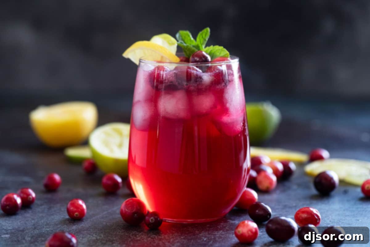 A refreshing Cranberry Spritzer elegantly presented in a clear glass, garnished with fresh cranberries, and slices of lemon and lime.