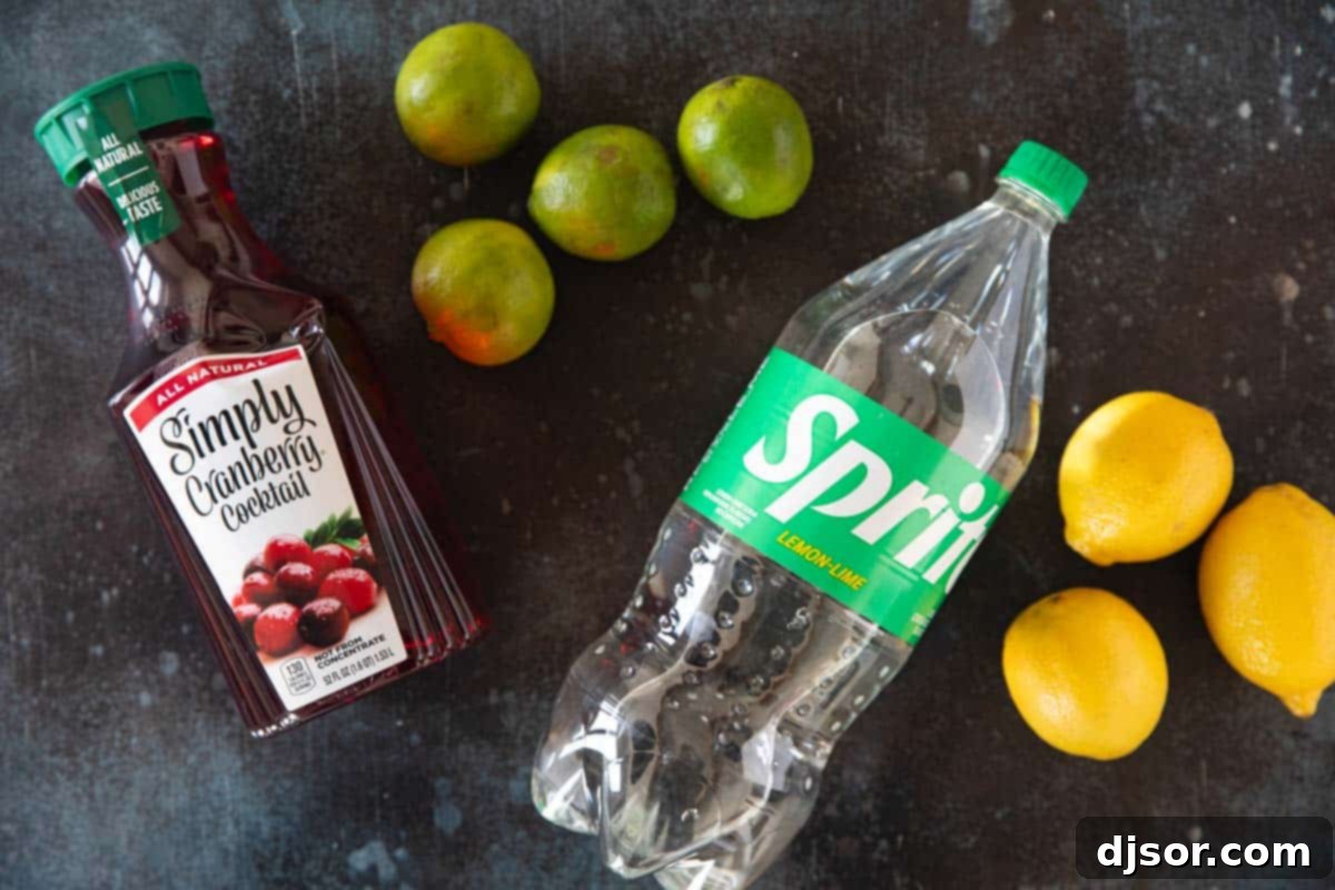 All the essential ingredients neatly laid out for preparing a delicious Cranberry Spritzer.