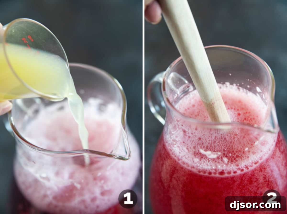 The process of mixing the cranberry juice, lemon-lime soda, and fresh citrus juices together in a large pitcher.