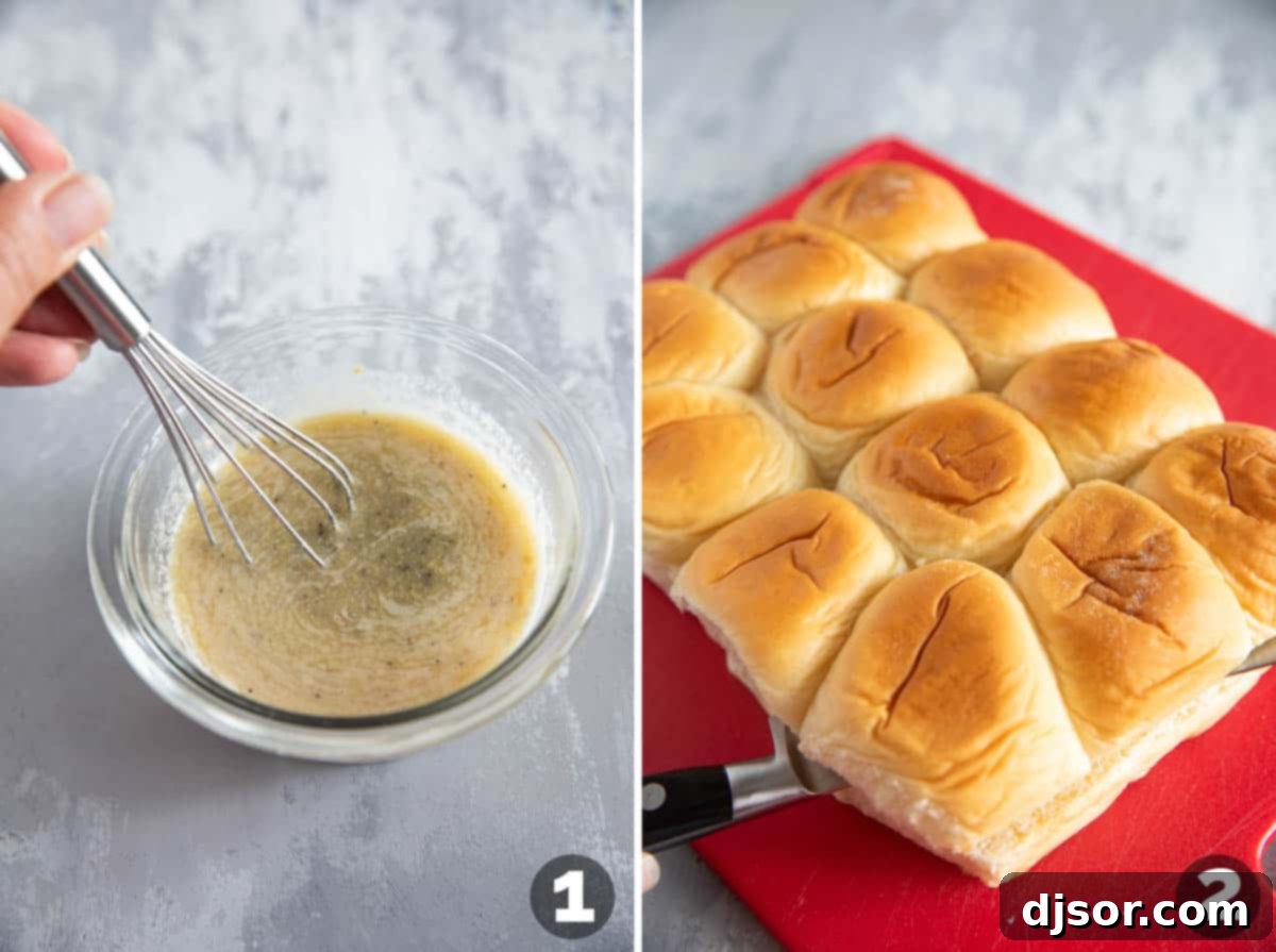 Hands mixing the butter sauce ingredients in a bowl and another image showing Hawaiian rolls being sliced horizontally in preparation for Ham and Cheese Sliders.