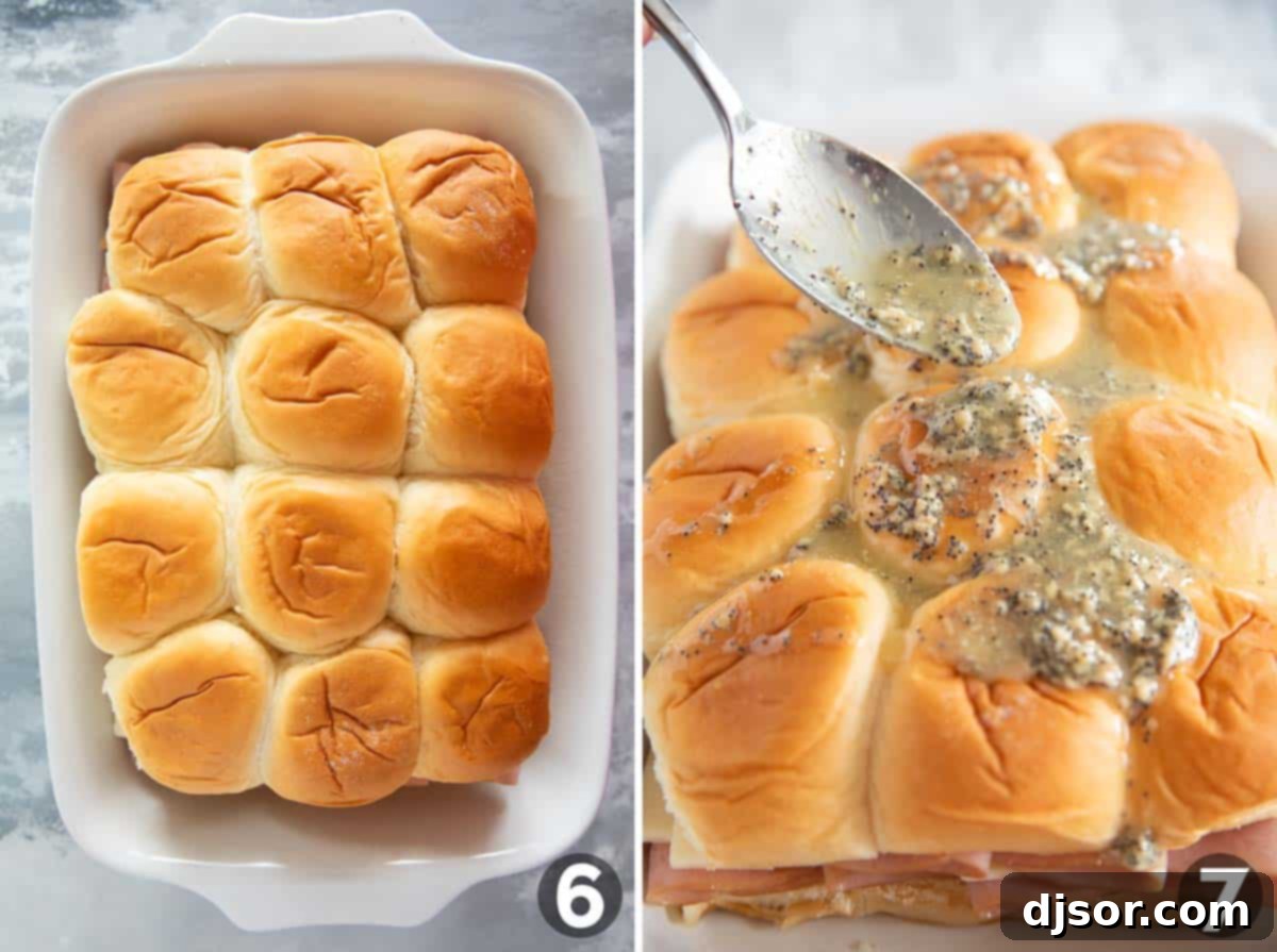 A close-up shot showing the top halves of the ham and cheese sliders being placed over the filling, then generously drizzled with the savory butter sauce before baking.
