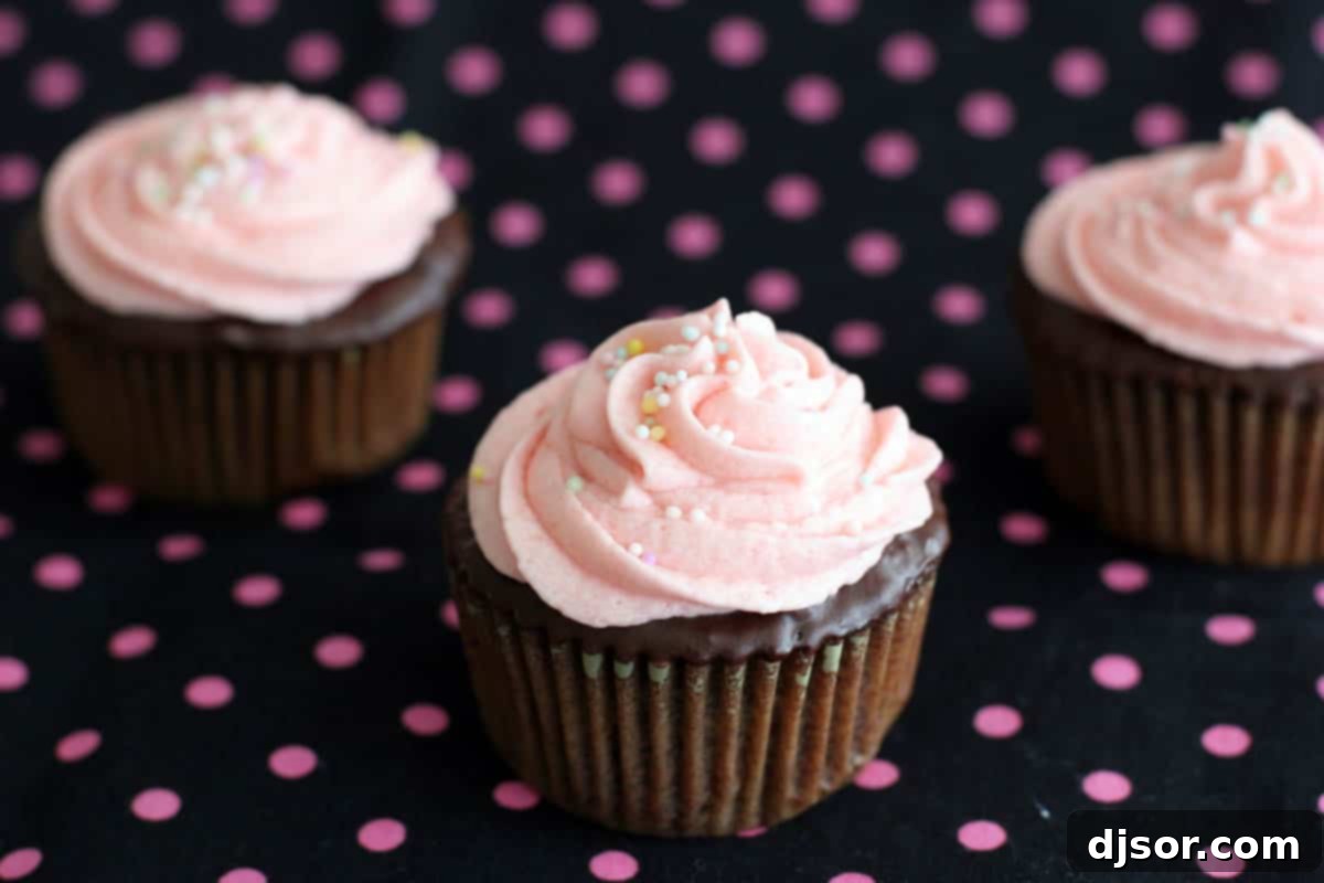 Rich chocolate cupcakes crowned with pink vanilla buttercream and colorful sprinkles, celebrating a blog anniversary.