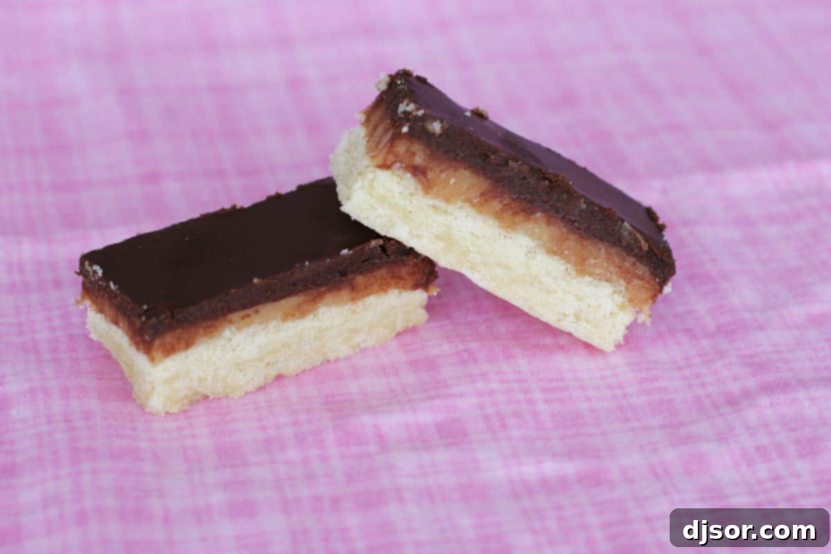 Perfectly cut pieces of Millionaire's Shortbread with distinct layers of shortbread, caramel, and chocolate glaze