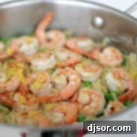 Shrimp and orzo in a skillet