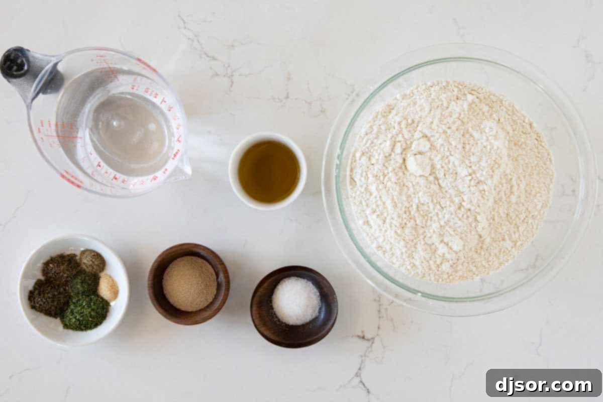 Simple ingredients for a delicious Focaccia Bread recipe a collection of fresh ingredients ready to make focaccia bread