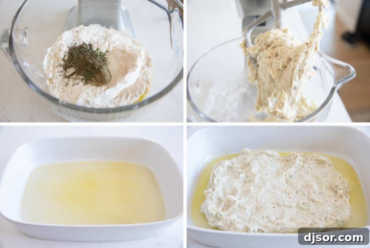 Visual guide for making delicious focaccia bread collage showing the initial steps of making focaccia bread dough