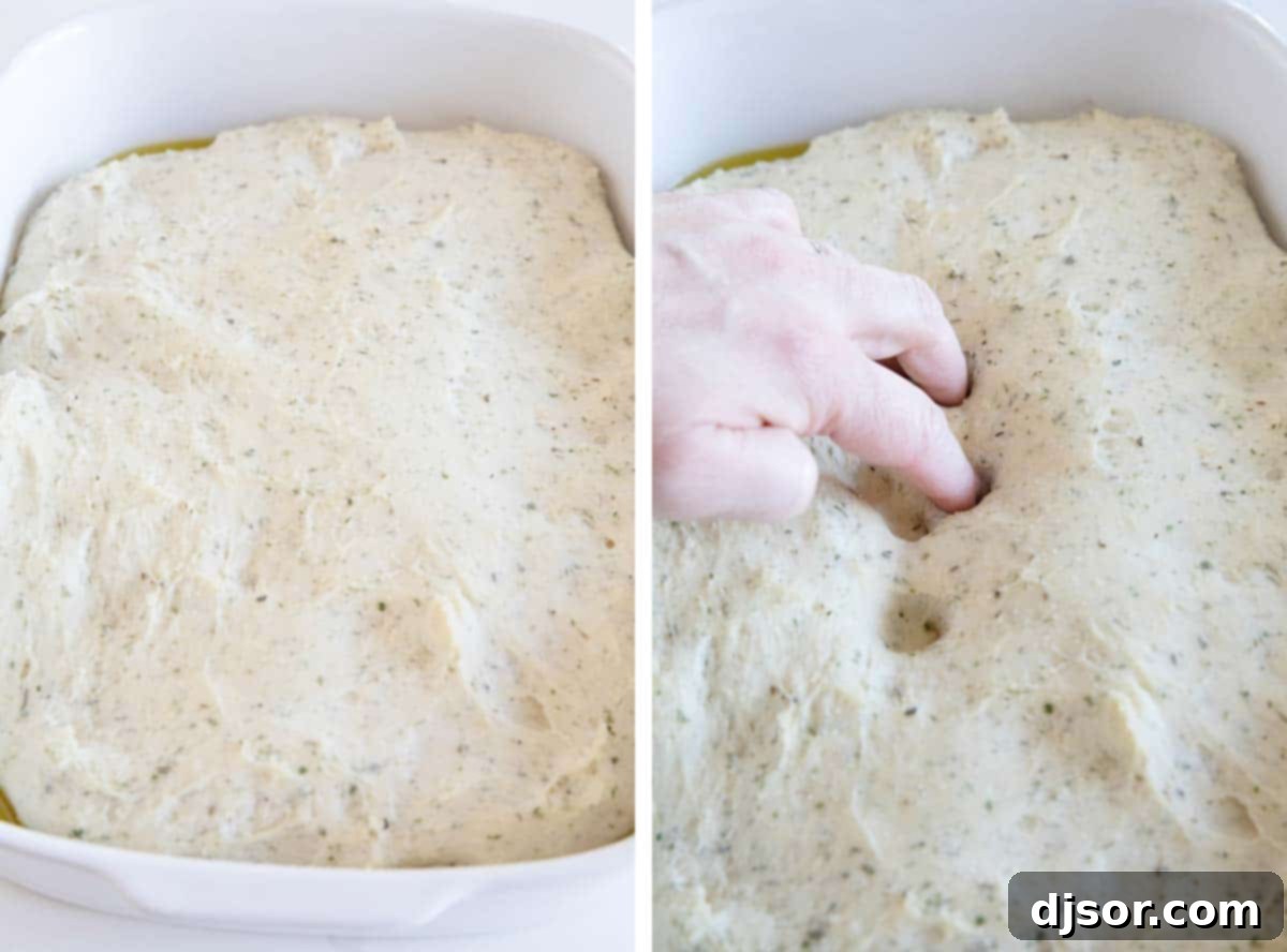The crucial dimpling step for perfect focaccia texture risen focaccia dough and pressing fingers into dough to create dimples
