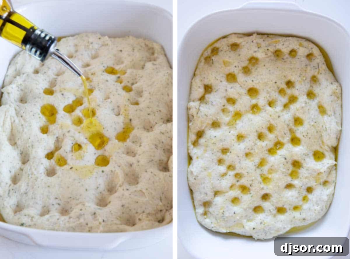 Adding olive oil and salt to focaccia for a crisp, flavorful crust pouring olive oil and sprinkling salt on top of focaccia dough before baking