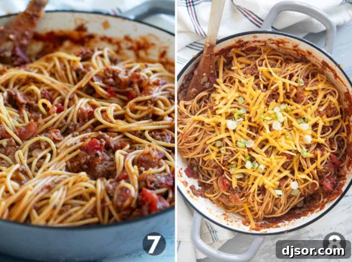 Mixing cowboy spaghetti and topping with cheese and green onions.