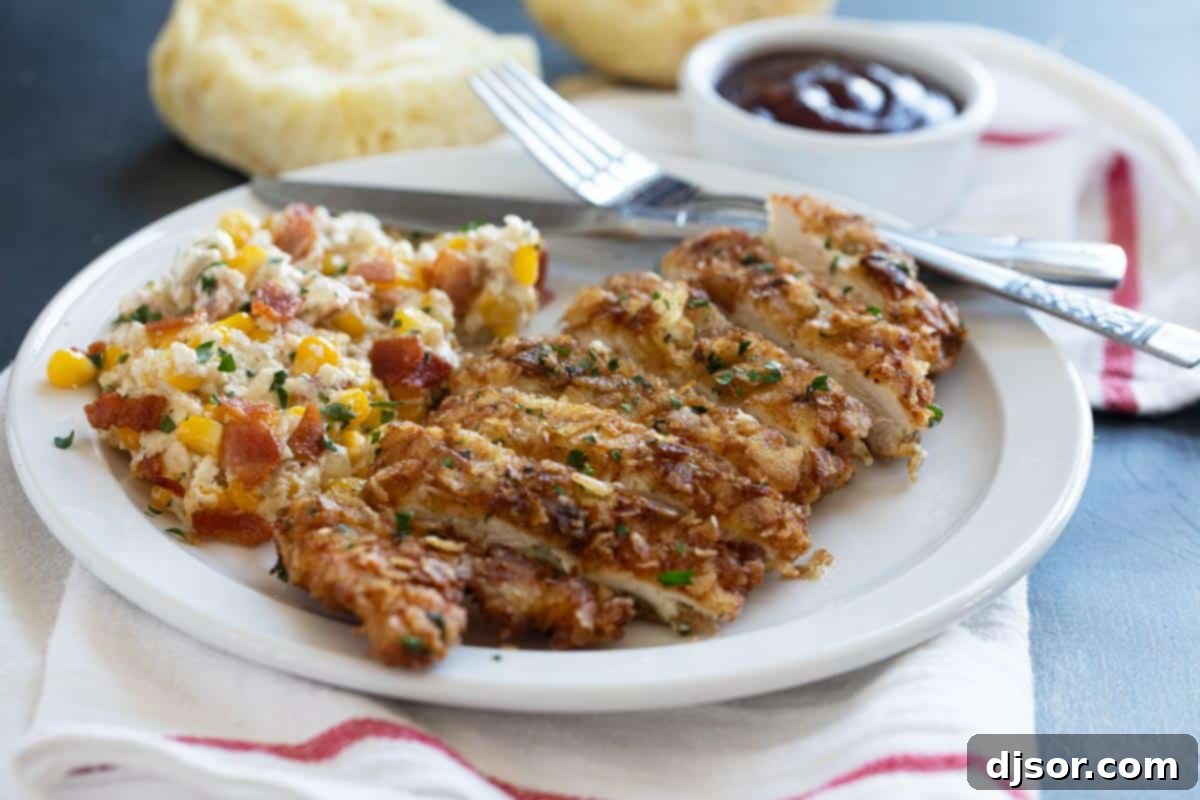 Sliced piece of Potato Chip Chicken served with corn and bbq sauce, showcasing its golden, crispy crust.