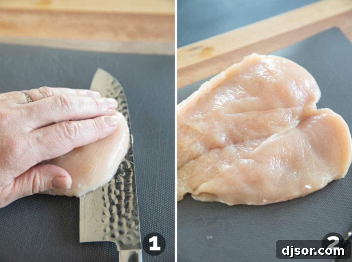 Photo collage showing the process of butterflying a raw chicken breast in half to create two thinner cutlets.