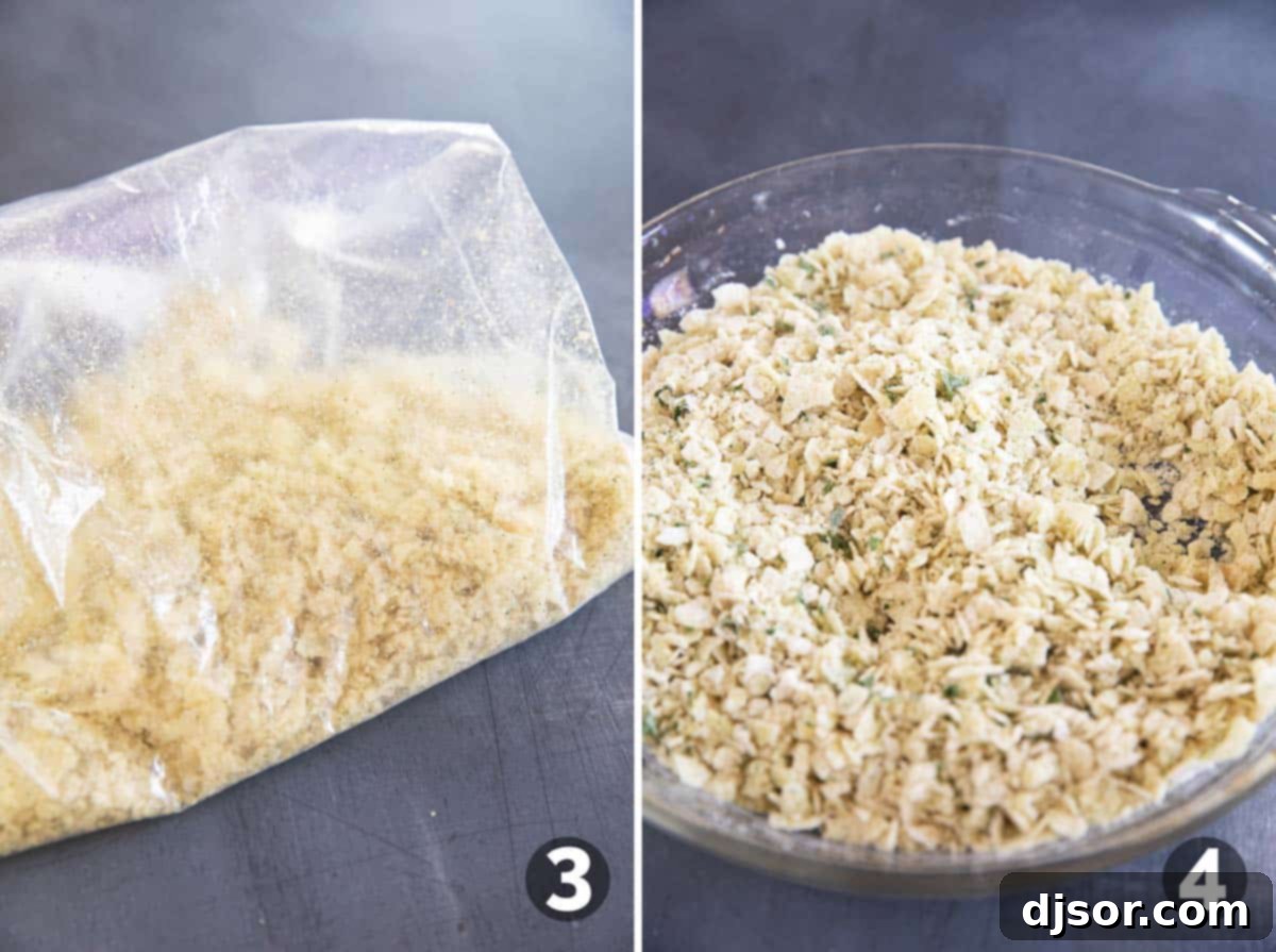 Photo collage showing crushing potato chips in a resealable bag, then mixing the crushed chips with parsley and flour in a shallow dish.
