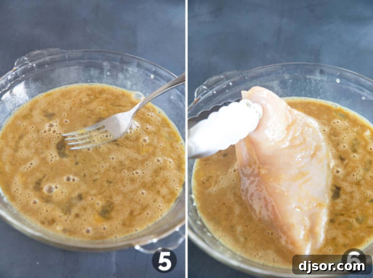 Photo collage showing whisking eggs and Worcestershire sauce in one dish, then dipping a chicken breast cutlet into the egg mixture.