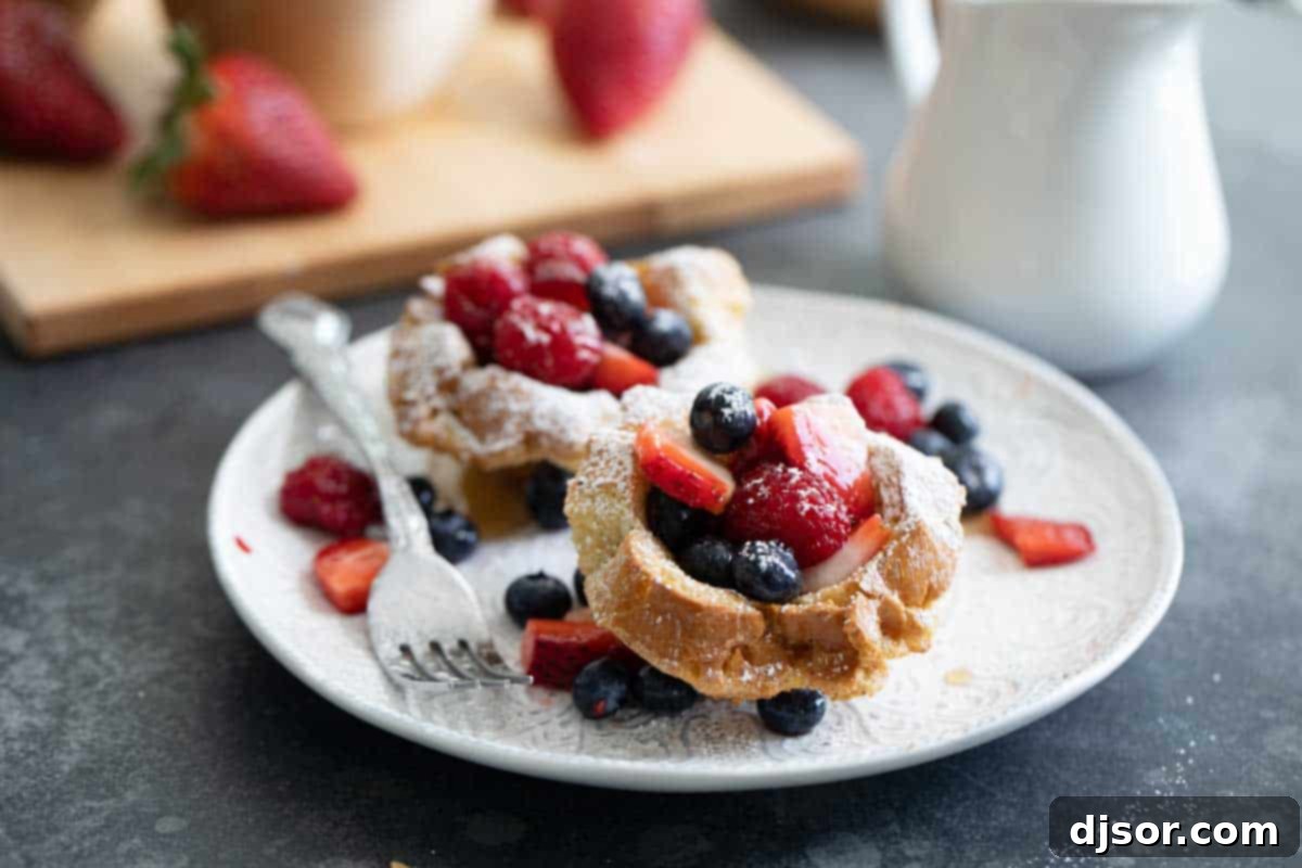 two french toast cups on a plate with fresh berries and powdered sugar