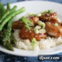 Easy Pork with Hoisin Sauce on rice with asparagus