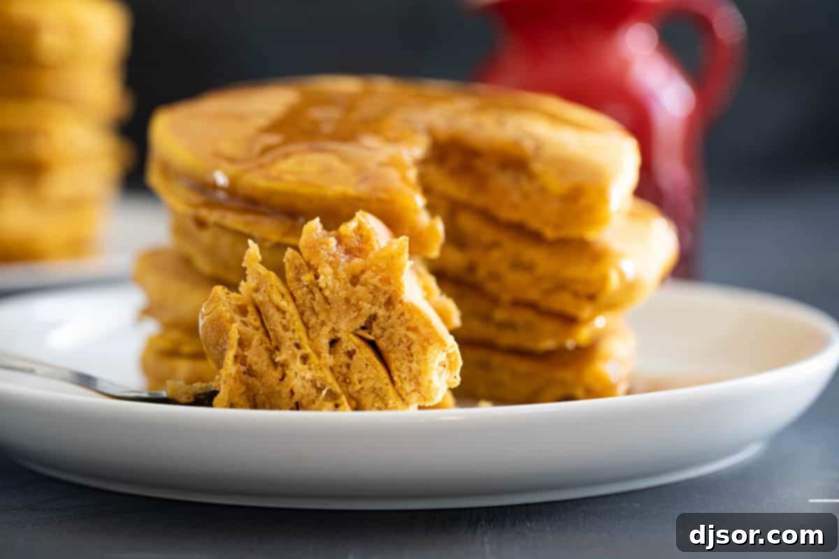 Close-up shot of the interior texture of a pumpkin pancake, revealing its light, airy, and fluffy crumb, indicative of a perfectly cooked pancake.