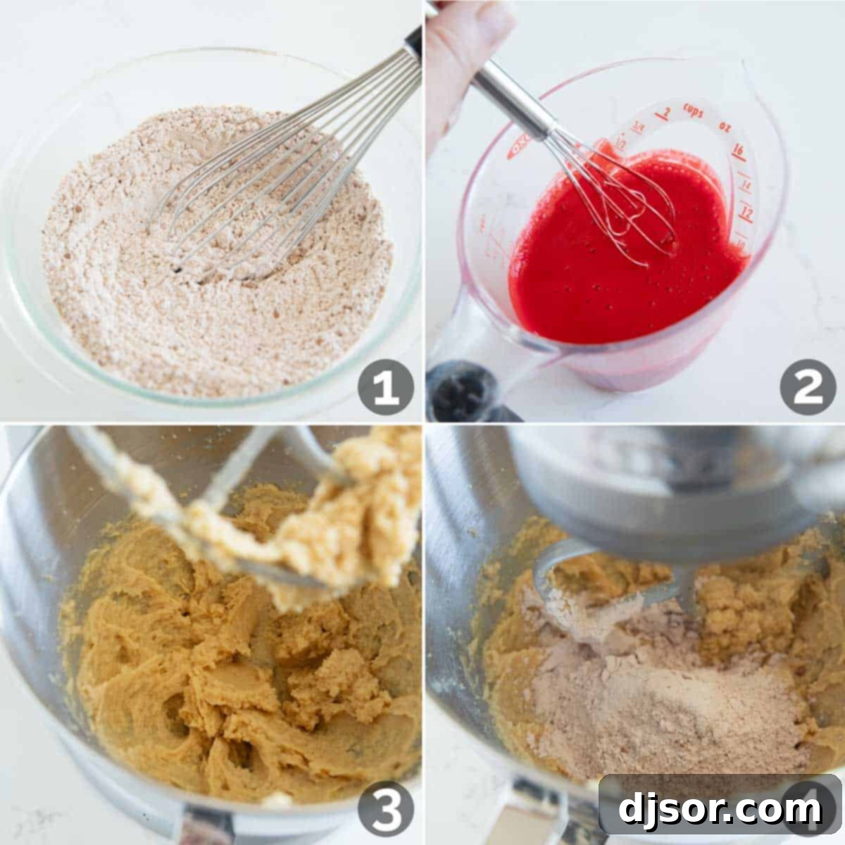 Close-up shots detailing the process of mixing ingredients to form the red velvet whoopie pie batter, showing the rich color developing step-by-step.