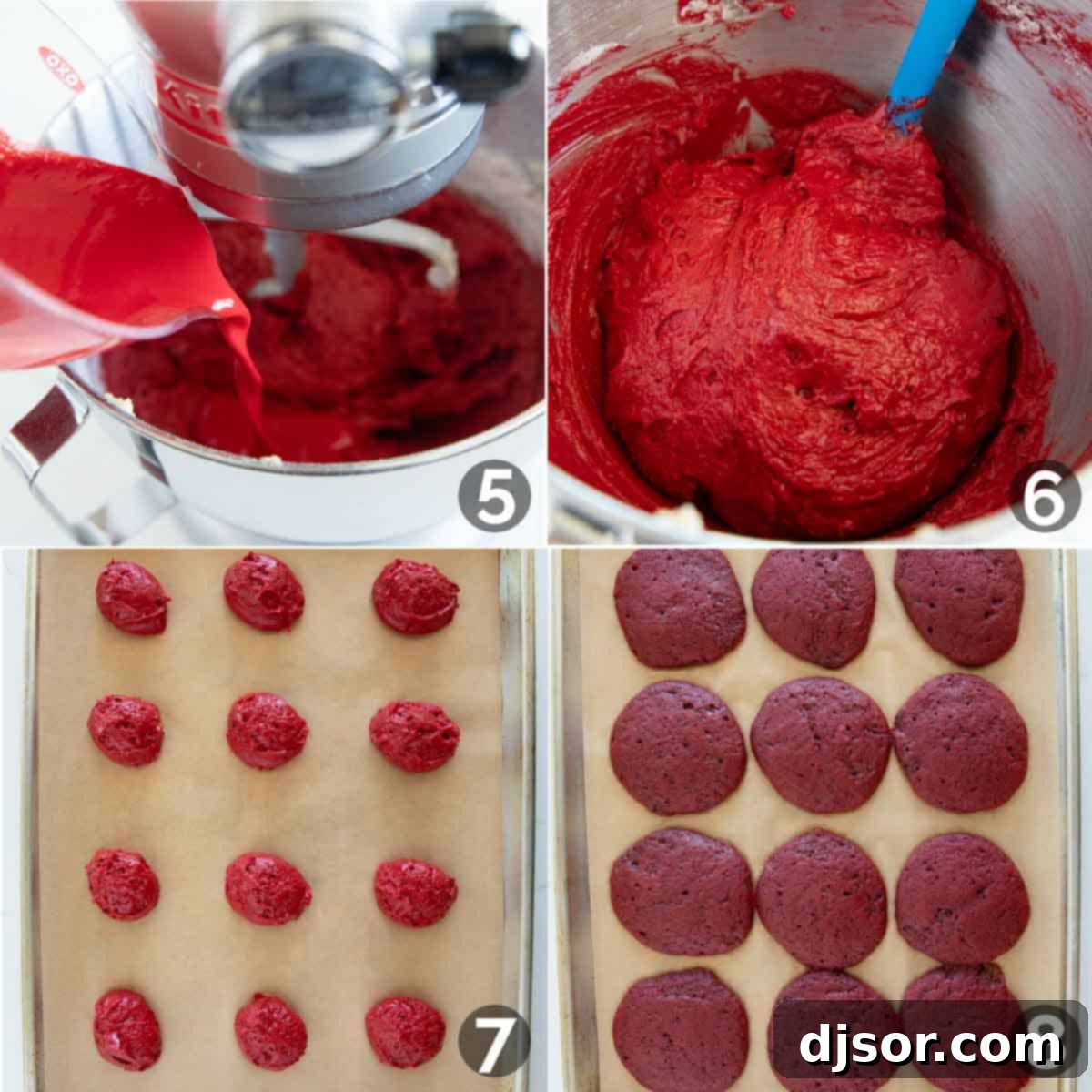 Detailed process of mixing wet and dry ingredients for red velvet whoopie pie batter, ensuring a smooth and consistent dough, shown in a mixing bowl.