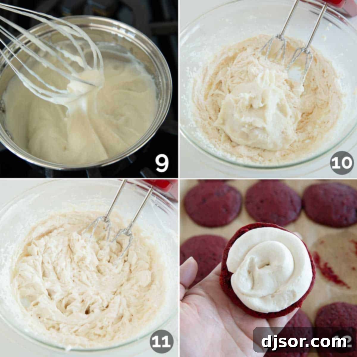 Visual steps for preparing the creamy filling for red velvet whoopie pies, showing the flour and milk mixture thickening on the stove and ready for whipping.