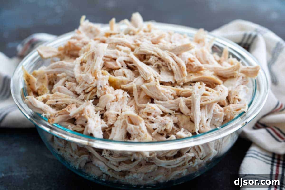 bowl of shredded chicken ready for meal prep