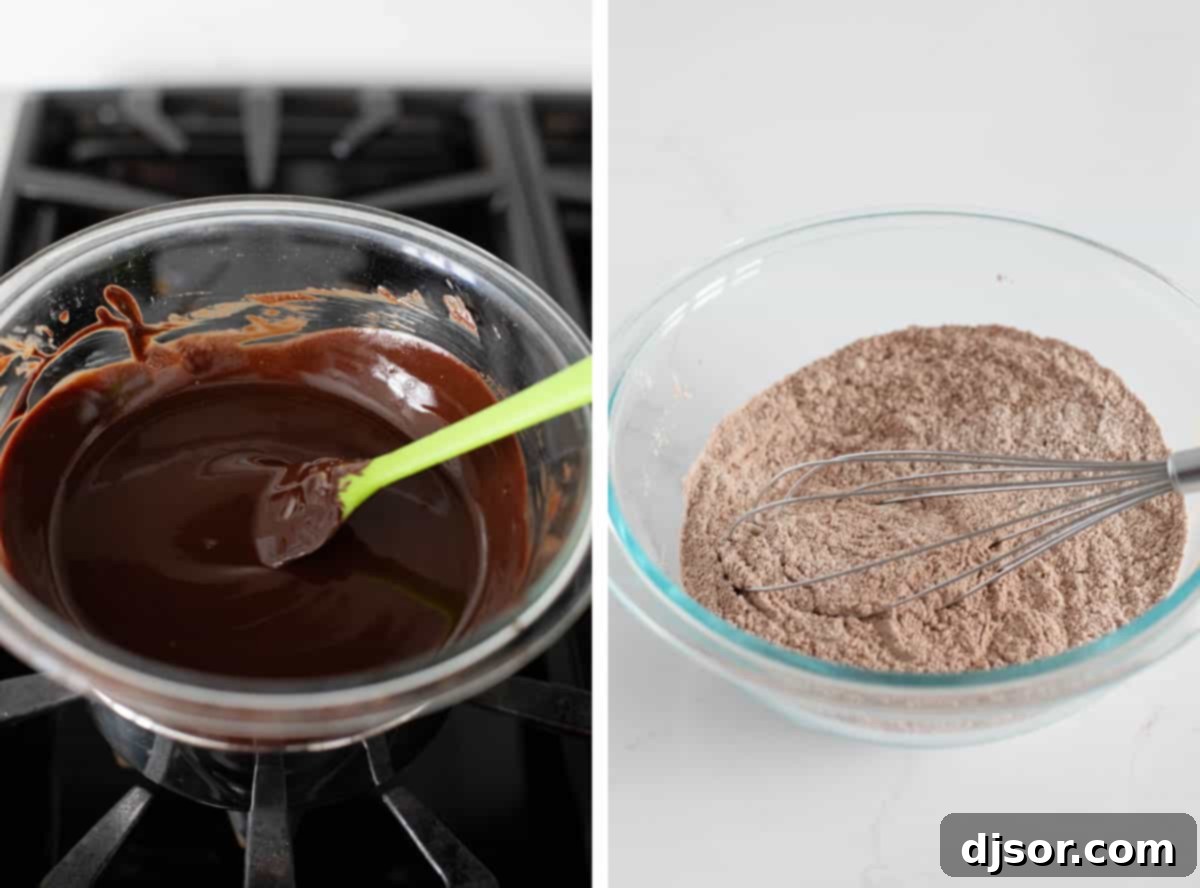 Image showing a glass bowl with melting chocolate and butter over a pot of simmering water, alongside a separate bowl containing dry ingredients for Chocolate Crinkle Cookies.