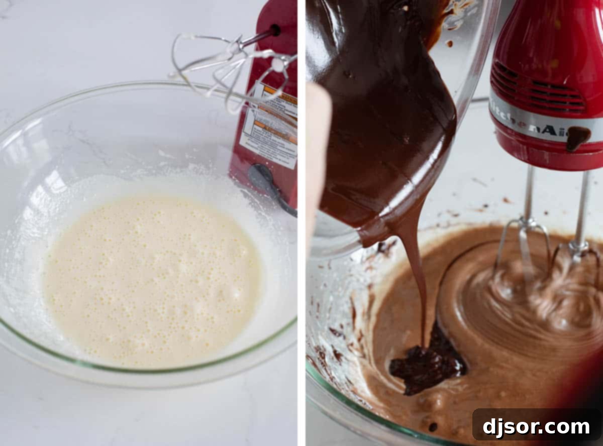 Mixing bowl with wet ingredients for Chocolate Crinkle Cookies, sugar and eggs being whisked together, creating a light and airy batter.