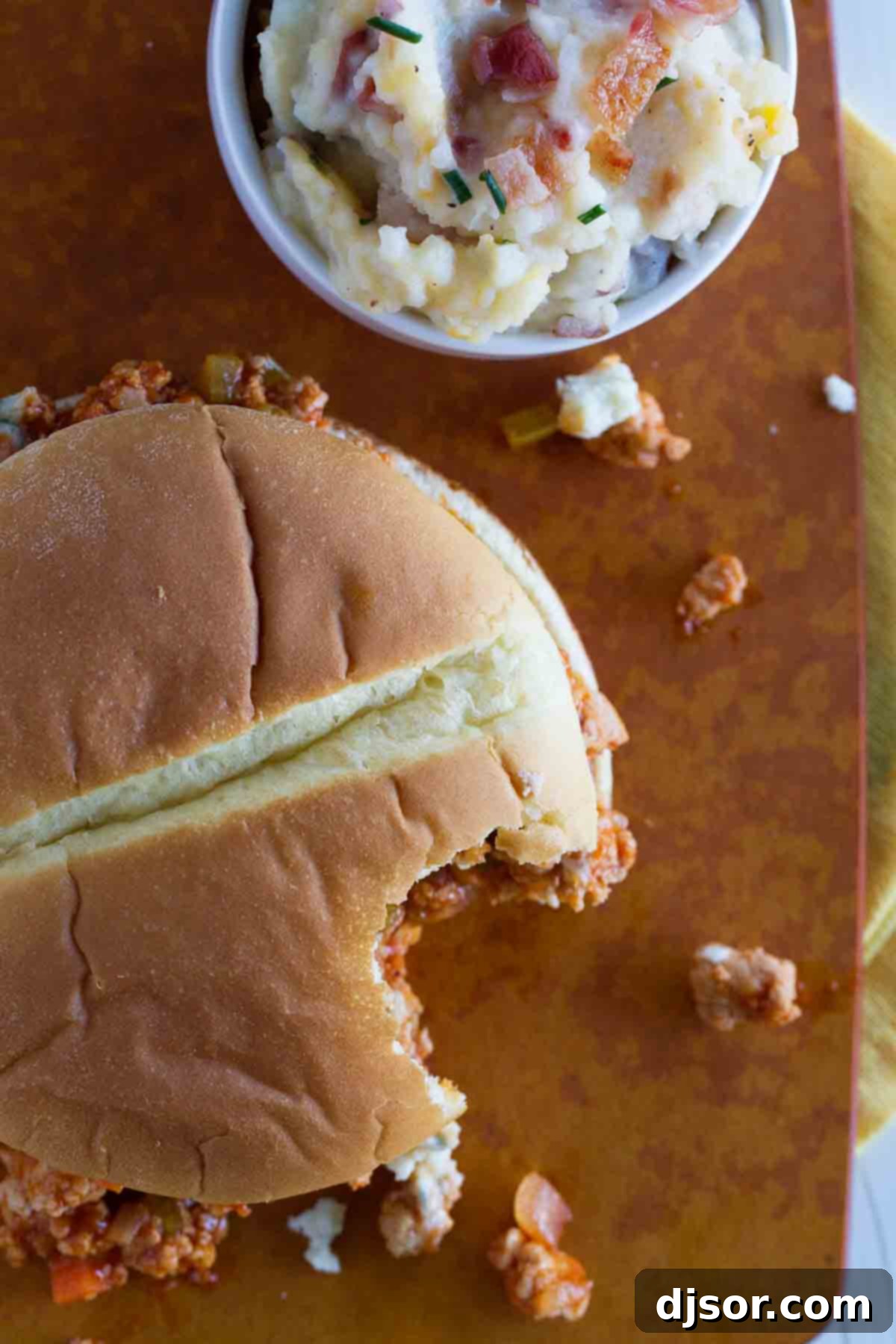Overhead shot of Buffalo Sloppy Joes on toasted buns