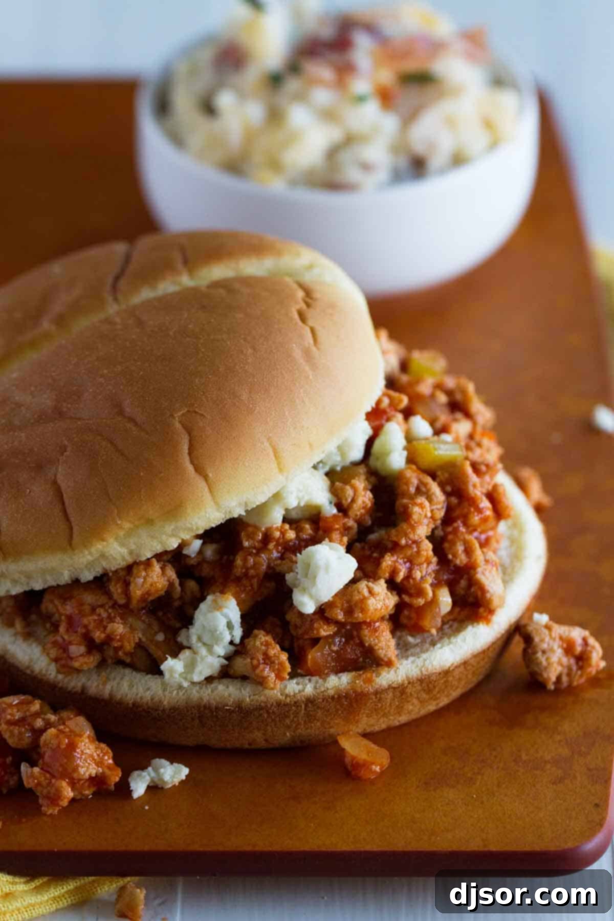 Close-up of the Buffalo chicken filling for Sloppy Joes