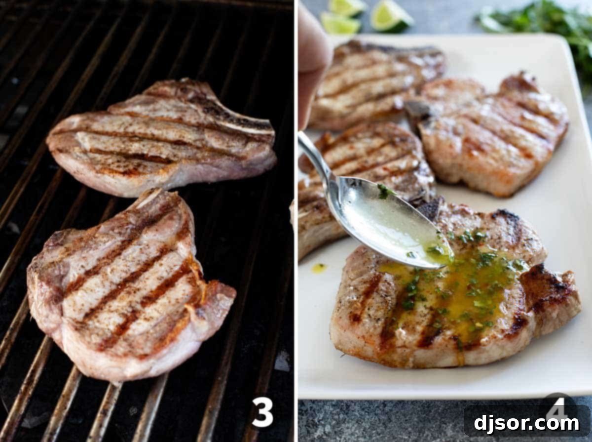 Zesty Cilantro-Lime Glazed Pork Chops 5 Grilling pork chops and adding cilantro lime sauce.