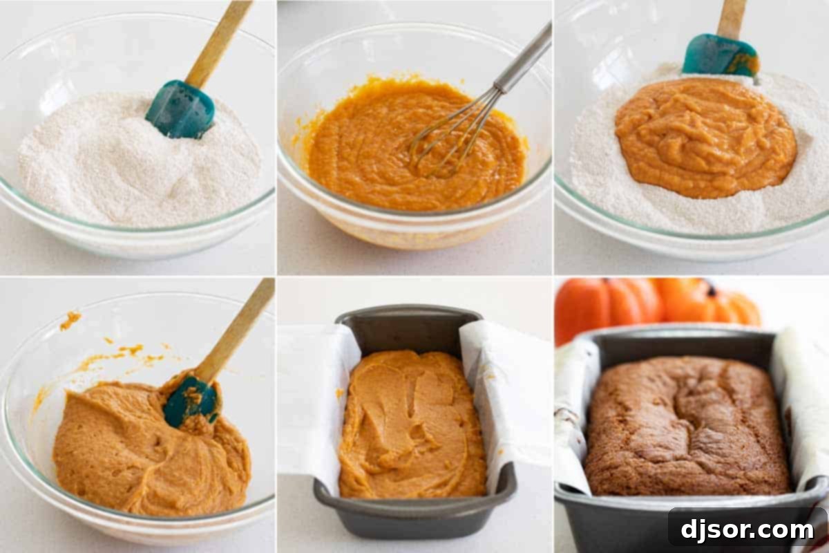 A visual step-by-step guide showing how to combine wet and dry ingredients for a homemade pumpkin bread recipe.