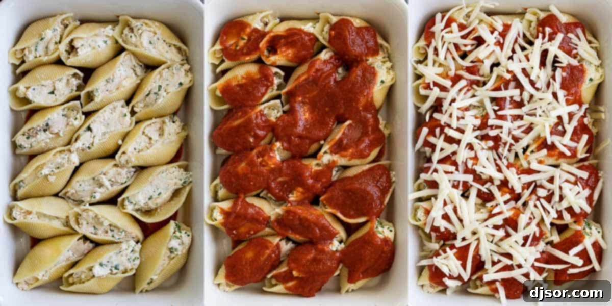 Close-up of Chicken Stuffed Shells in a Baking Dish Before Baking, Showing Layers of Pasta, Filling, and Sauce