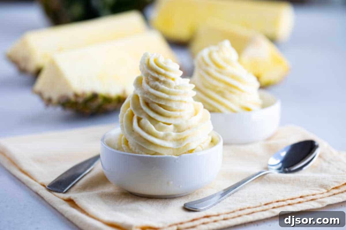 Two small bowls of homemade Pineapple Dole Whip garnished with fresh pineapple wedges, a perfect refreshing treat.