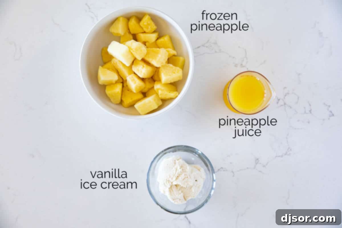 Three key ingredients for homemade Dole Whip: a can of pineapple juice, a carton of vanilla ice cream, and a bag of frozen pineapple chunks.