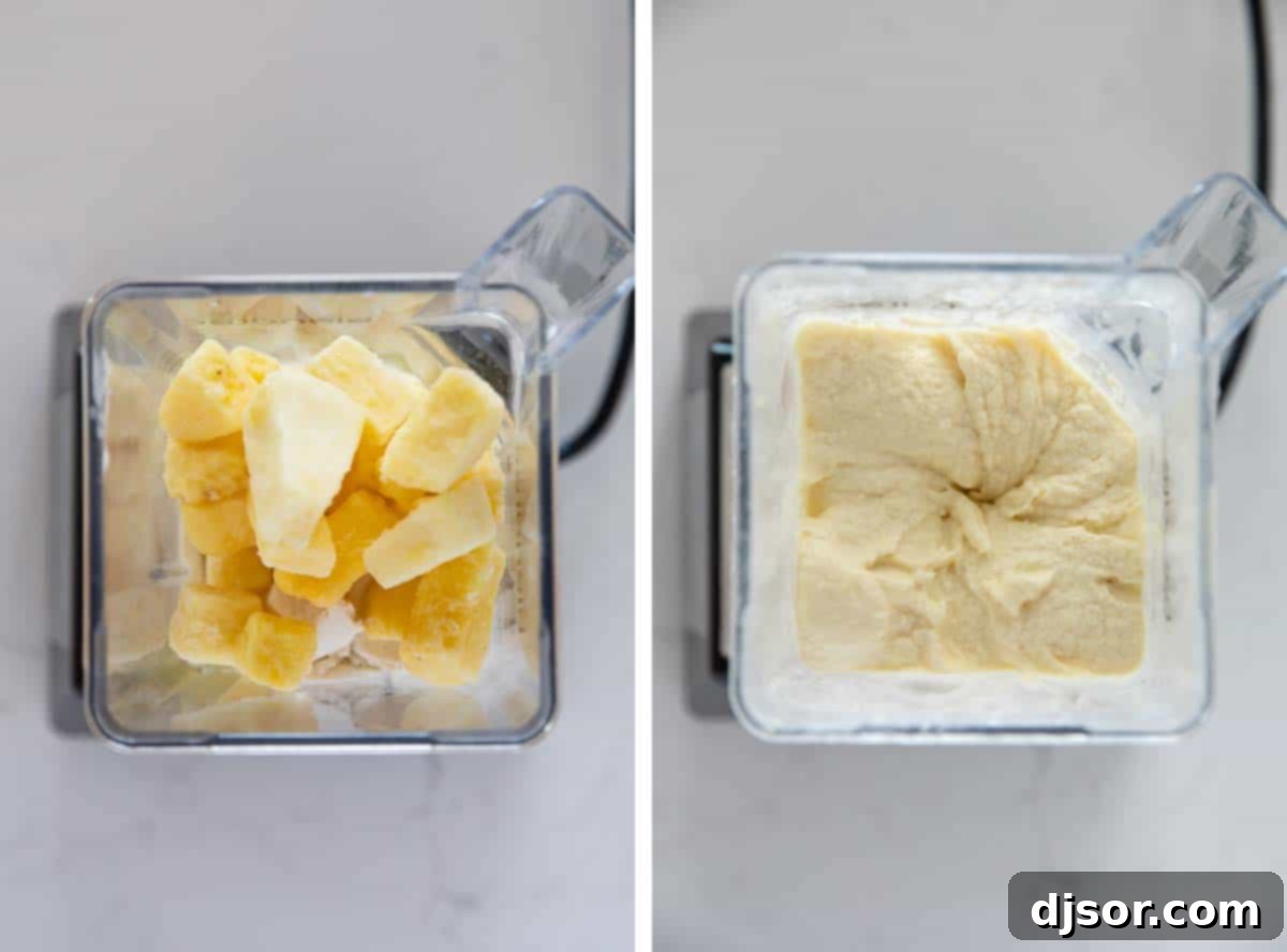 Close-up of a high-powered blender mixing pineapple juice, vanilla ice cream, and frozen pineapple to create Dole Whip.