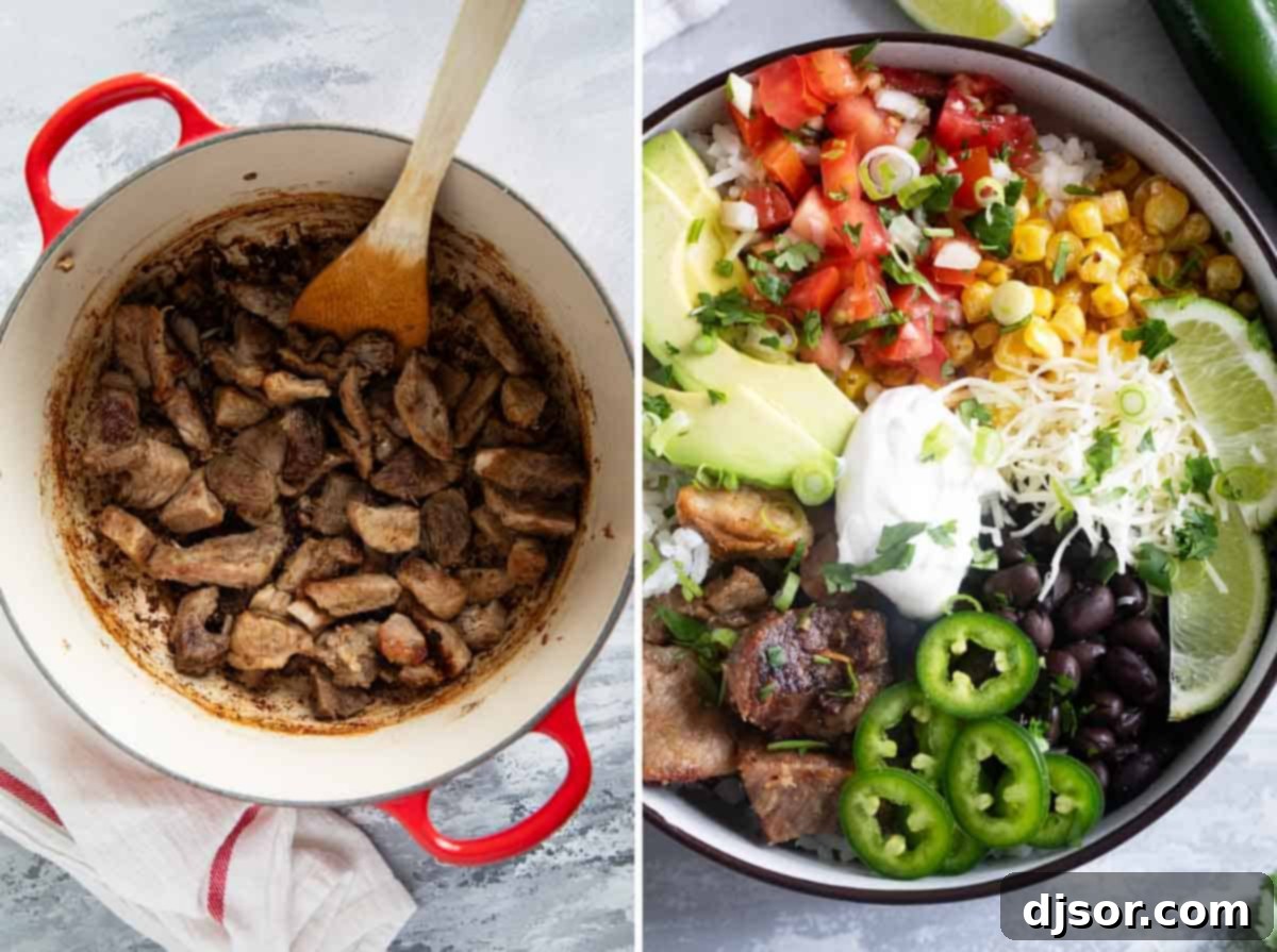 A visual guide demonstrating the process of cooking succulent pork carnitas and then meticulously assembling a mouth-watering pork carnitas burrito bowl with all its delicious components.